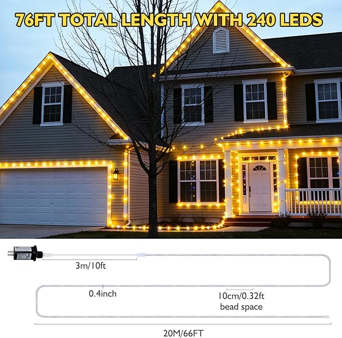 66ft 240 LED Rope Lights Outdoor, Connectable and Flexible Tube Lights with 8 Modes, Waterproof Indoor Outdoor LED Rope Lighting for Deck, Garden, Pool, Patio, Indoor Outdoor Decorations(Warm White)