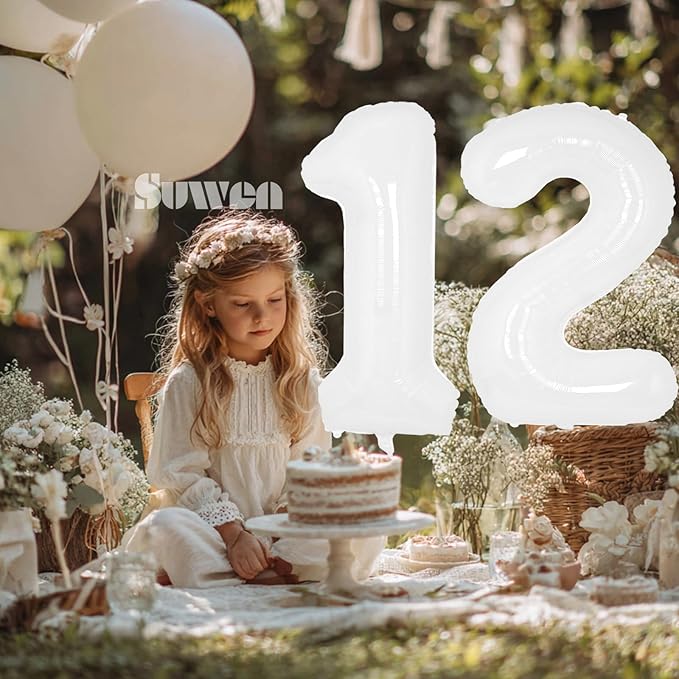 SUWEN 40 Inch White Large 12 Number Balloons Big Foil Helium Number Balloons 0-9 Giant Jumbo Happy 12th Birthday Party Decorations for Boy or Girl Huge Mylar 21 Anniversary Party Supplies