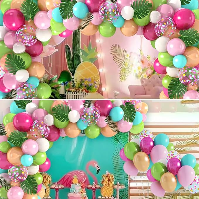 Amandir 151PCS Tropical Balloons Arch Garland Kit, Green Hot Pink Confetti Latex Balloons Palm Leaves for Tropical Hawaii Flamingo Birthday Baby Shower Wedding Party Decorations Supplies