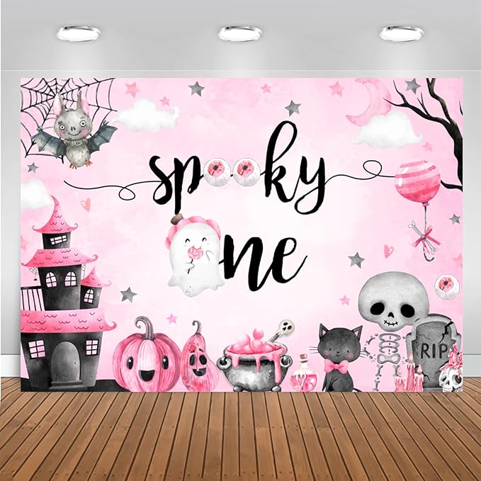Mocsicka Halloween Spooky One Backdrop Halloween 1st Birthday Party Decoratoon Watercolor Spooky Ghost Spooktacular Birthday Banner Photo Shoot Props (Pink, 8x6ft(96''x72''))