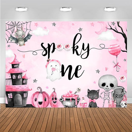 Mocsicka Halloween Spooky One Backdrop Halloween 1st Birthday Party Decoratoon Watercolor Spooky Ghost Spooktacular Birthday Banner Photo Shoot Props (Pink, 8x6ft(96''x72''))