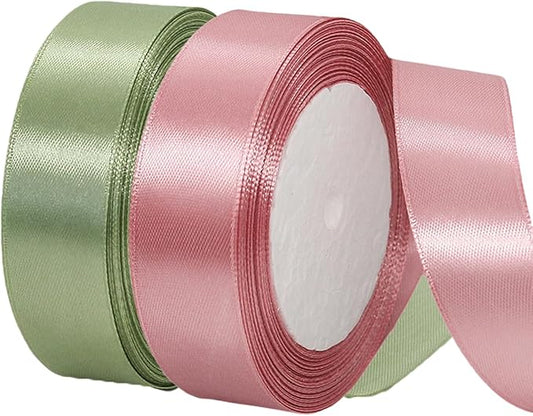 2 Rolls Sage Green Ribbon, 1 Inch 50 Yards Sage Rose Gold Satin Fabric Ribbon for Wedding Party, Gift Wrapping, Baby Shower, Flower Bouquets, DIY Crafts, Birthday and Christmas Decorations