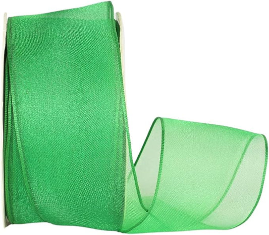 Ribbon Bazaar Sheer Organza Wired Ribbon - Wire Edged Ribbon for Floral Decor, Table Arrangements, Apparel Embellishment & More - 1-1/2" Emerald 25yd Spool