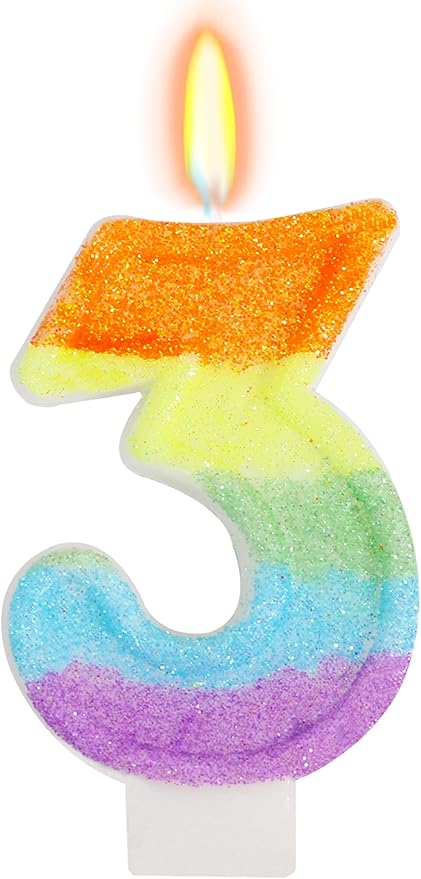 Rainbow Candles for Birthday Cakes, 3 Cake Topper, Rainbow Birthday Party Decorations, 3rd Number Candle for Girls Boys (Number 3)