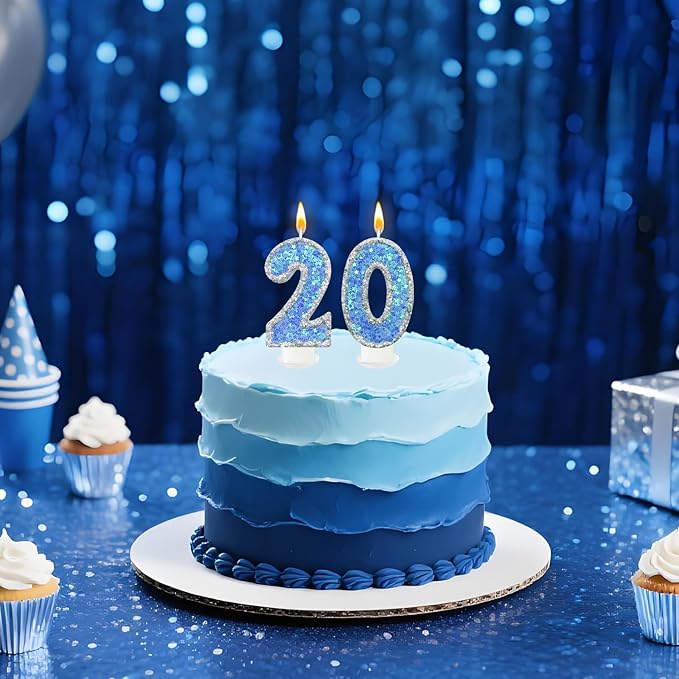 Blue Star Number 2 Candle for Cake Decoration, Glitter Star Cake Topper, Shaker Style Number Candle for Anniversary Celebration Party Supplies