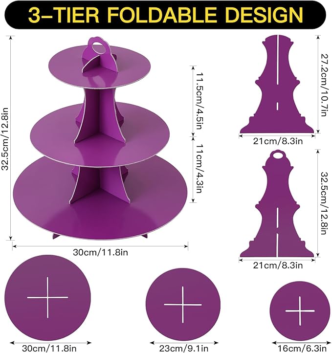 Soleebee 3-Tier Round Cupcake Stand, Cardboard Cupcake Tower, Dessert Cup Cake Stand Tower for Birthday Wedding Party Decoration, Cupcake Tier Stand 2 Set (Purple)
