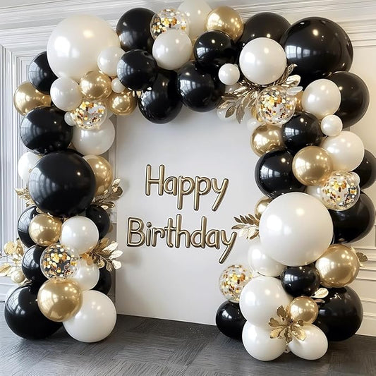 Black Gold White Balloons Arch Kit - 129 pcs Double Stuffed Pearl Sand White Black Chrome Gold with Confetti Balloon Garland for Birthday Graduation Father's Day New Year's Party Decoration