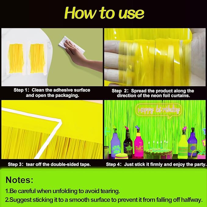 Glow in The Dark Party Supplies 2 Pack Neon Party Decorations Fluorescent Tinsel Foil Fringe Curtains Photo Booth Prop Backdrop Streamer Blacklight Decorations (Neon Yellow)