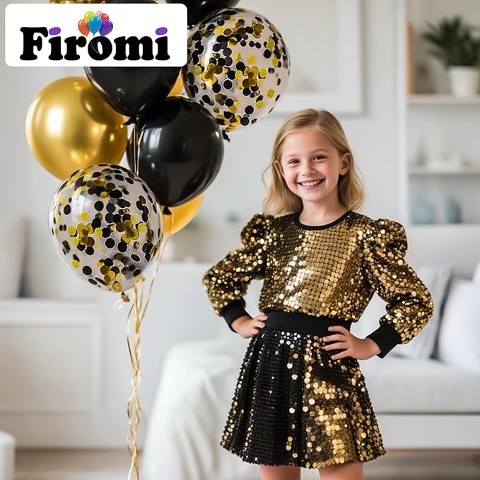 Firomi Metallic Chrome Gold Black Latex Balloons 12 Inch 70 pack Black and Gold Confetti Balloons Set for Graduation Birthday Wedding Party (with 2 Ribbons)