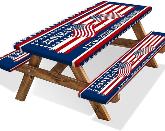 250th Anniversary America Flag Picnic Table Cover with Bench Covers Camping Essentials 250 USA Flag 1776-2026 Waterproof Fitted Camping Tablecloth Cover with Elastic Edge for Outdoor 3 PCS 30x96 Inch