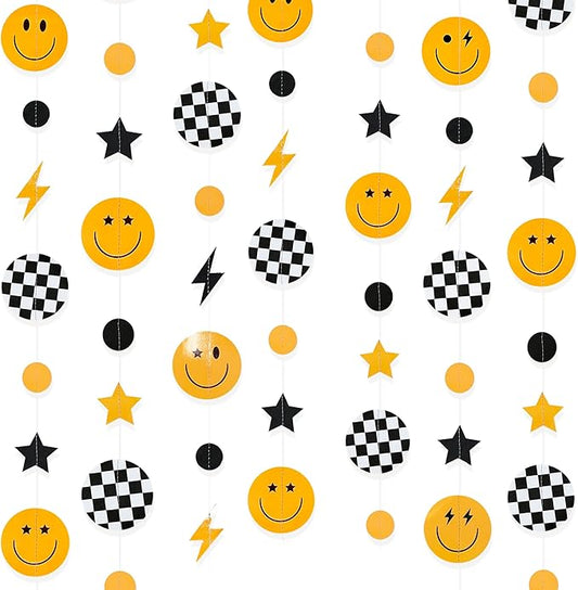 One Happy Dude 1st Birthday Decorations Black Yellow Smile Face Lightning Star Checkered Circle Dot Smiley Face Garland Streamer for Baby Shower First Birthday Wedding Hippie Party Decoration Supplies