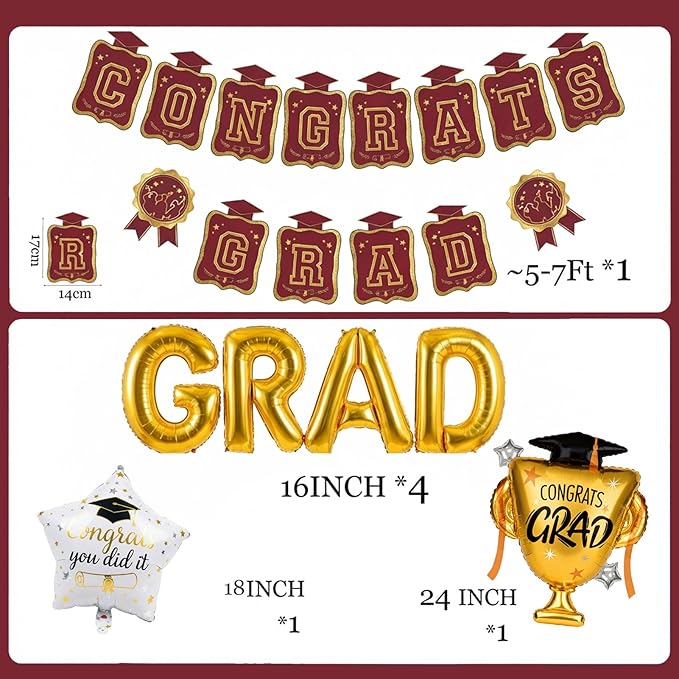 Maroon Gold Balloons Burgundy GRAD Print Balloons with Banner Table Honeycomb Centerpieces Hanging Swirl trophy star GRAD Letters Mylar Balloons for 2026 graduate Prom Decorations