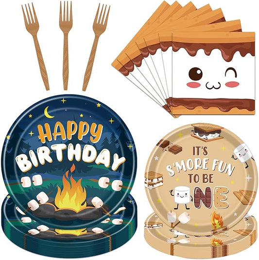 Gameza S'mores Camping Birthday Party Decorations, 96PCS Smore Fun to Be One Disposable Paper Plates and Napkin Tableware Bday Decorations, Camper Bonfire Theme 1st Decor Supplies Serves 24