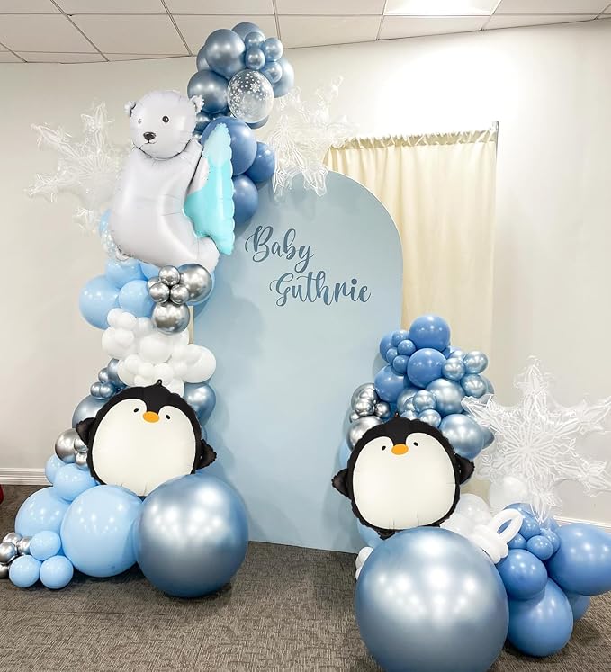 Winter Wonderland Balloon Arch Kit, 159pcs Silver Blue White Latex Balloons with Polar Bear/Penguin/Snowflake Foil Balloons for Is Cold Outside Baby Shower, Birthday, Winter Party Decorations