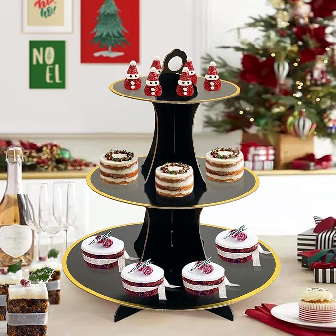 Soleebee 3-Tier Round Cupcake Stand, Cardboard Cupcake Tower, Dessert Cup Cake Stand Tower for Birthday Wedding Party Decoration, Cupcake Tier Stand 1 Set (Black Gold)