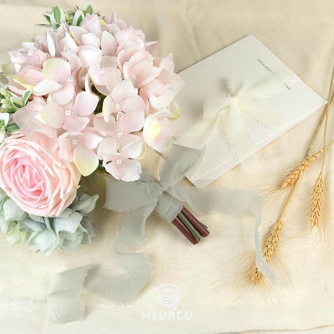 Sage Green Chiffon Ribbon 1 Inch x 21Yds Handmade Fringe Chiffon Silk Ribbon Sage Green/Desert Sage/Cream Frayed Chiffon Ribbon for Wedding Invitation Flower Bouquets Bridal Shower Gift Wrapping
