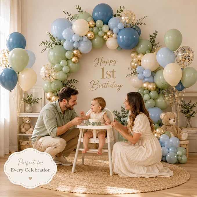 Jobkoo 122Pcs Dusty Blue Sage Green Balloon Garland Kit, Dino Green Slate Blue Beige Metallic Gold Confetti Balloon Arch Kit for Boho Birthday Woodland Safari Baby Shower Party Decorations