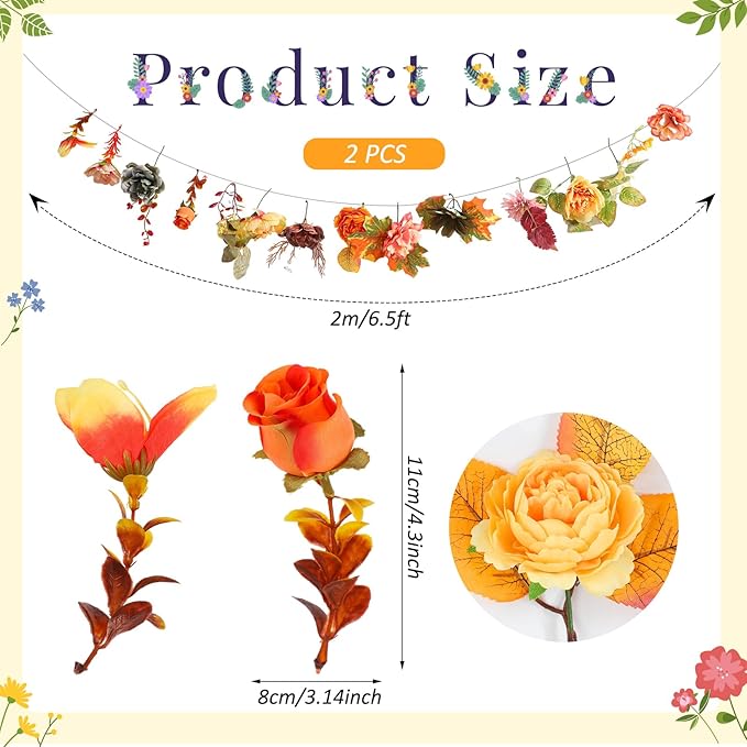 Suncalla 2 Pcs 6.6 ft Artificial Flower Garland Spring Wildflower Vines Backdrop Floral Hanging Ceiling Garland for Tea Birthday Wedding Bridal Shower Baby Shower Backdrop Wall Decor(Bright Color)