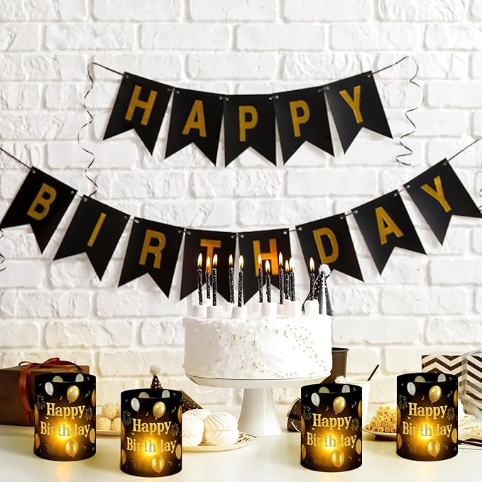 10 Sets Happy Birthday Centerpieces for Tables Black and Gold Birthday Decorations Lantern Boxes with Tea Lights Candles Centerpieces for Table Ideas for Women Men Party Supplies