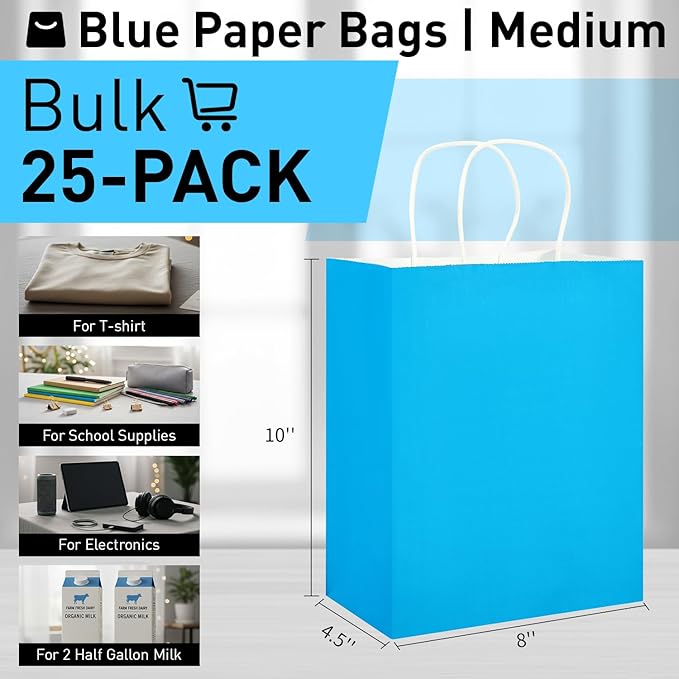 SUNCOLOR 25 Pack Blue Gift Bags with Handles, 8x4.5x10 Inch Medium Kraft Paper Bags for Shopping, Party Favors, Baby Showers, Retail