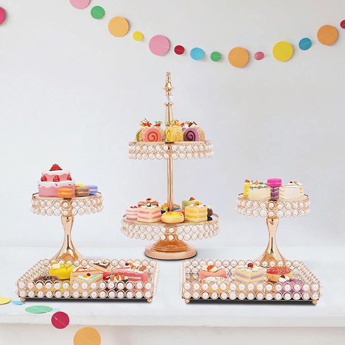 9Pcs Crystal Cake Holder Gold Cupcake Stands Plating Mirror Cake Holder Round Cupcake Stands with Luxury Crystal, Fashion Dessert Tower for Wedding Event Birthday Party Cupcake Display