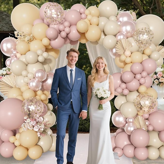 Ouddy Party Boho Dusty Pink Balloons Garland Arch Kit, Different Sizes 18 12 10 5 Inch Pastel Pink Sand White Pearl Latex Confetti Balloon for Baby Bridal Shower Birthday Women Girls Party Decorations