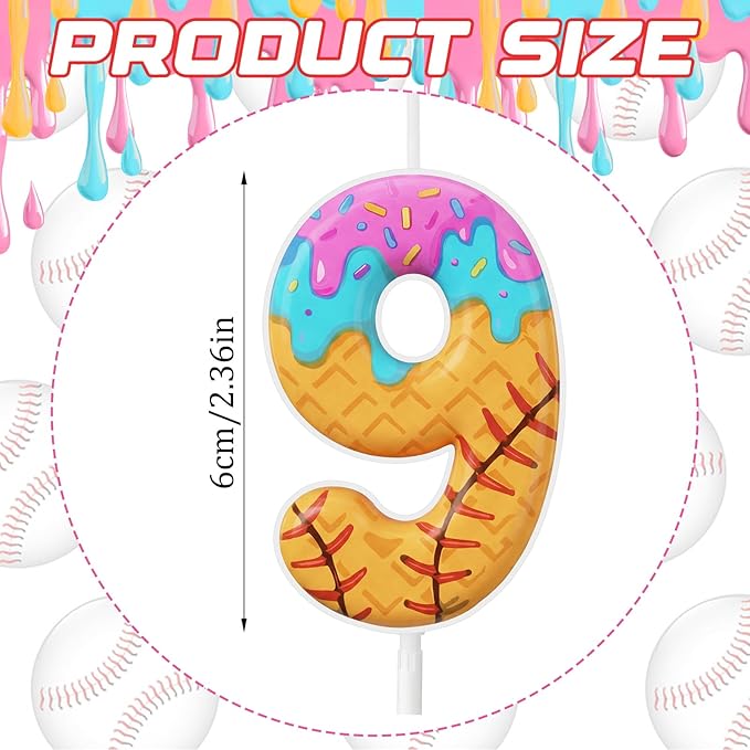 Conelist 9th Baseball Ice Cream Drip Birthday Number Candles Baseball Drip Cake Topper Candle Cupcake Topper Decoration for Sport Theme Happy Birthday Party Favors Anniversary Supplies(1 Pcs)
