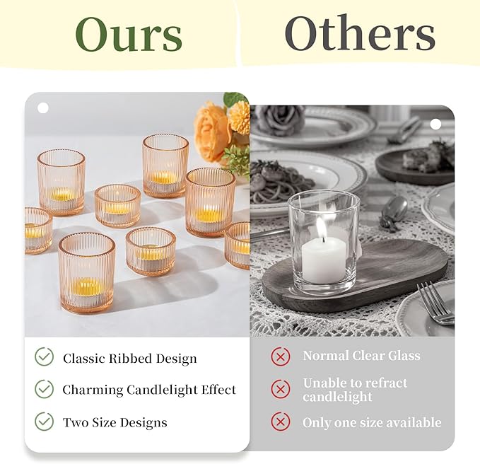 Glasseam Gold Votive Candle Holders: 24 Pcs Ribbed Glass Tealight Candle Holder Set Tea Light Holders Bulk Wedding Decorations for Reception Modern Party Decor Centerpiece