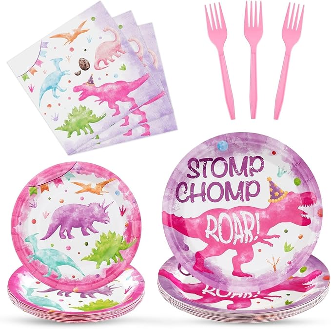WERNNSAI Girl Dinosaur Party Decorations - 64 PCS Dinosaur Plates Napkins and Forks Pink Dino Birthday Decorations Dino Party Plates for Kids Girls Birthday Baby Shower Favors Serves 16 Guests