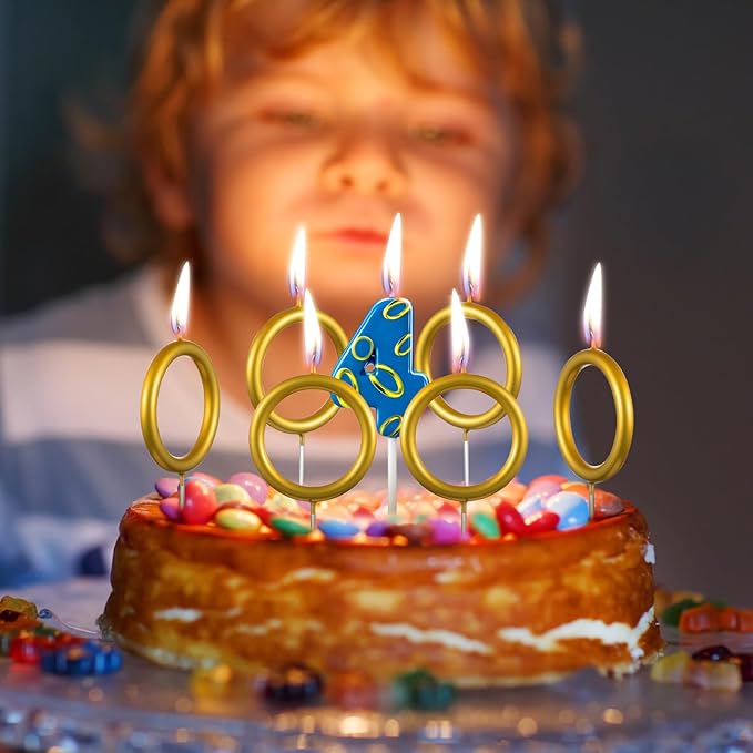 Conelist 7 Pcs Gold Ring Birthday Candles Number Candle Cake Topper Cartoon Characters Themed Candle for Wedding Anniversary Valentine's Day Birthday Party Decorations Supplies(Number 4)