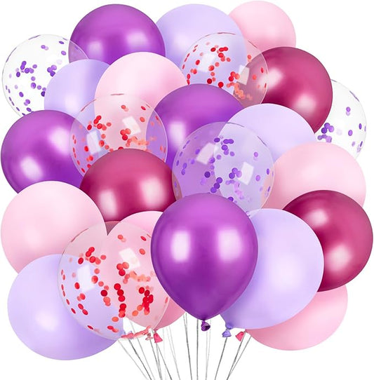 60PCS Pink and Purple Balloons,GAGAKU 12 Inch Latex Confetti Balloons, Metallic Purple Pink Latex Balloons with Ribbon, Party Balloons for Women Kids Birthday Wedding Bride Bachelorette Retirement
