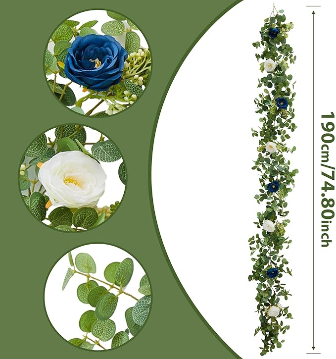 PARTY JOY 6.56ft Eucalyptus Garland with Flowers-8 Blue White Roses, Artificial Fake Flowers Greenery Garland Floral Vines for Decoration Party Wedding Table Indoor Outdoor Backdrop Wall Decor