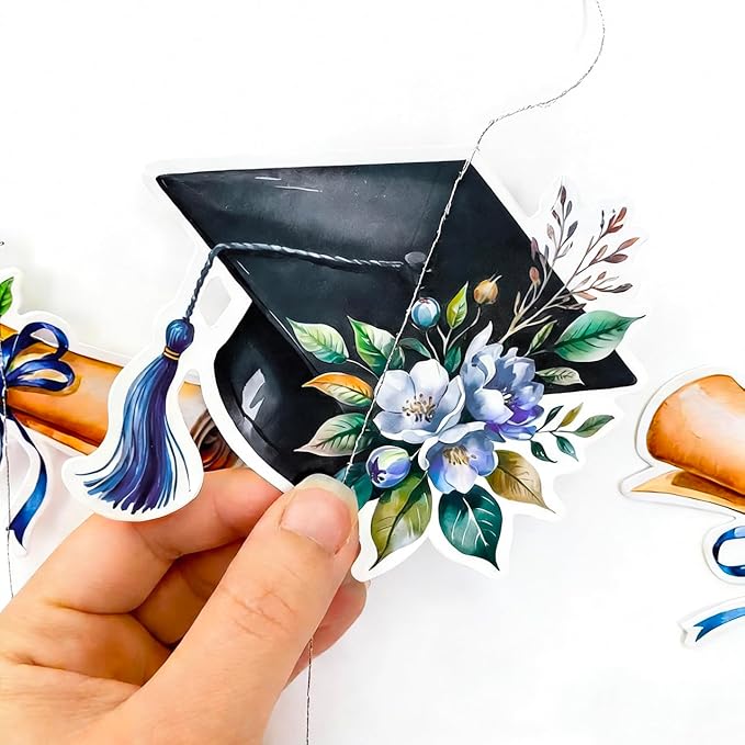 Blue Gold Graduation Party Hanging Streamer Floral Navy Gold Star Grad Cap Garland Banner for Congrats Grad You Did It Class of 2026 We are So Proud of You Themed Graduation Party Decorations Supplies