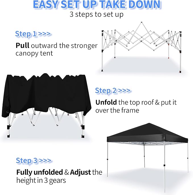 Pop Up Canopy 8X8 FT,Portable Sun Instant Shelter w/Backpack Bag,Waterproof,Adjustable Straight Leg Heights Canopies,Outdoor Tents for Parties,Camping,Commercial Event,Black