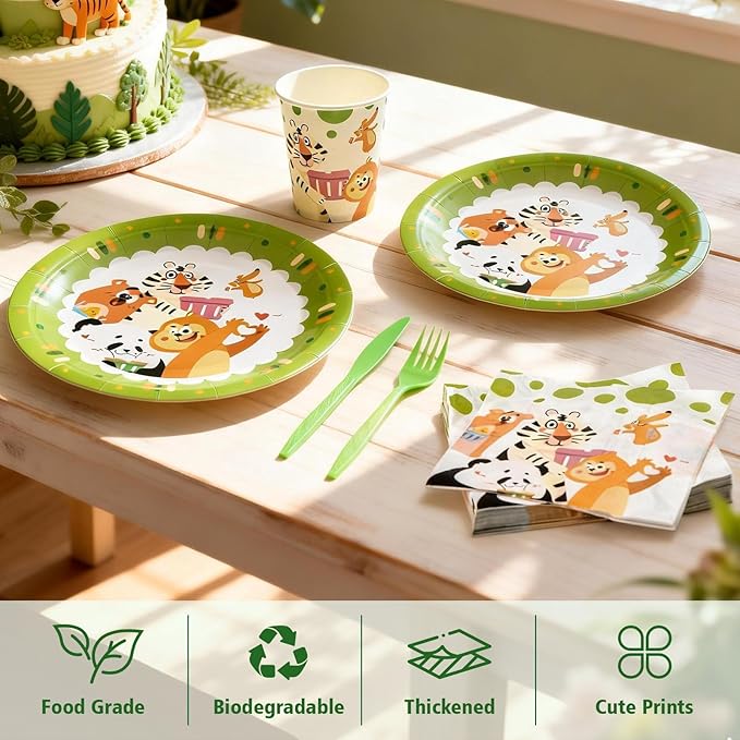 144Pcs Panda Animals Birthday Party Supplies Decorations Animal Themed Paper Plates Napkins Vintage Party Tableware Disposable Dinnerware for Girl Boy Kid Birthday Baby Shower Table Decor, Serve 24