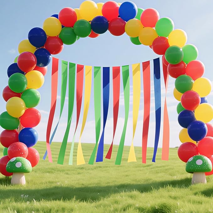 Super Brothers Birthday Party Decoration, 8 Rolls Red Green Blue Yellow Crepe Paper Streamers, for Boys Girls Game Theme Adventures Party Supplies