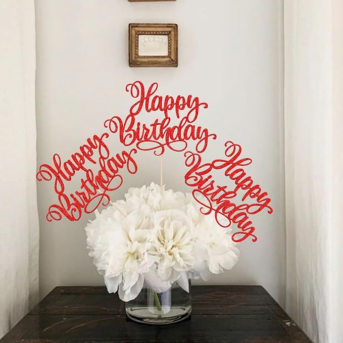 12 PCS Happy Birthday Centerpiece Sticks Double Sided Glitter Happy Birthday Table Flower Centerpieces Decorations for Celebrating Anniversary Theme Party Centerpieces Supplies Red