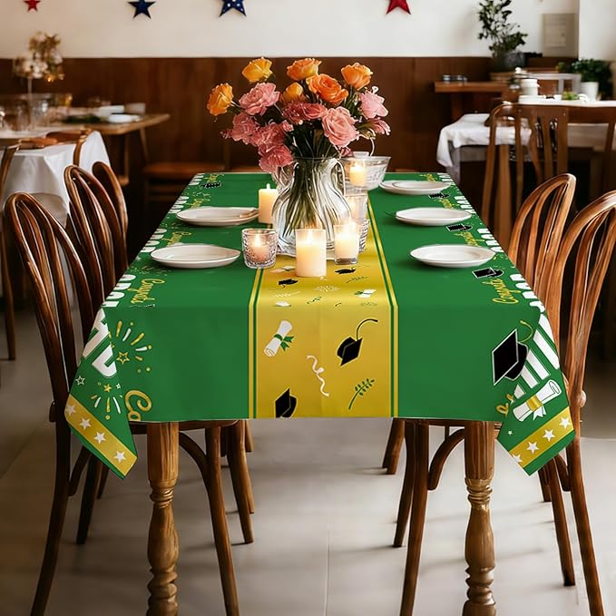 8 Pack Graduation Plastic Tablecloth 54" x 108" Disposable Table Cloths for 6 to 8 Foot Tables Cover for Class of 2026 Parties Decorations Supplies (Graduation Green Gold, Rectangle)