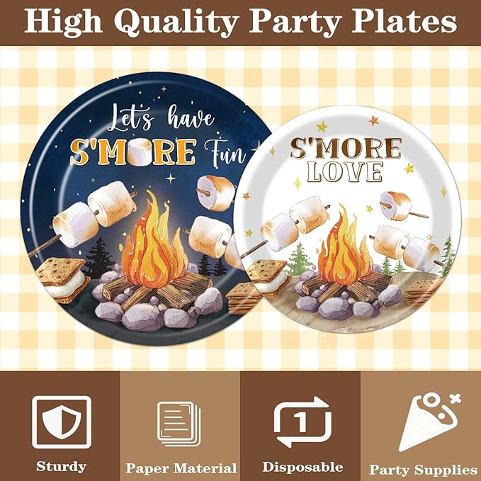 Smores Camping Birthday Party Decorations, 96PCS Camping Disposable Paper Plates and Napkin Tableware Decoration Let‘s Have S'more Fun Forks Decor Baby Shower Supplies, Serves 24