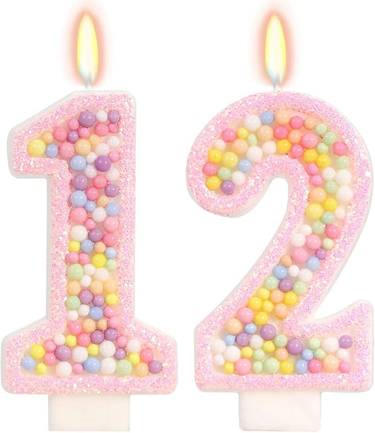 Birthday Candles - Number 12 Candle, Colorful Macaron Candles, 12 Birthday Decorations for Girl, Sweet Cake Decorations, Sweet Theme Party Supplies (Pink)