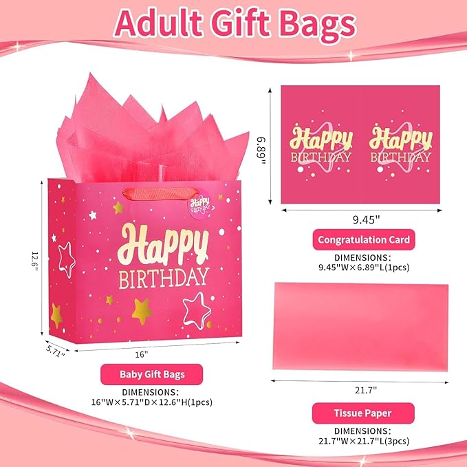 Powbrace 16" Pink Happy Birthday Gift Bag with Tissue Paper and Greeting Card for Party,Happy Birthday Gift Bag for Men Women,Gift Bags Extra Large(2 PCS Pink Hot Stamping)