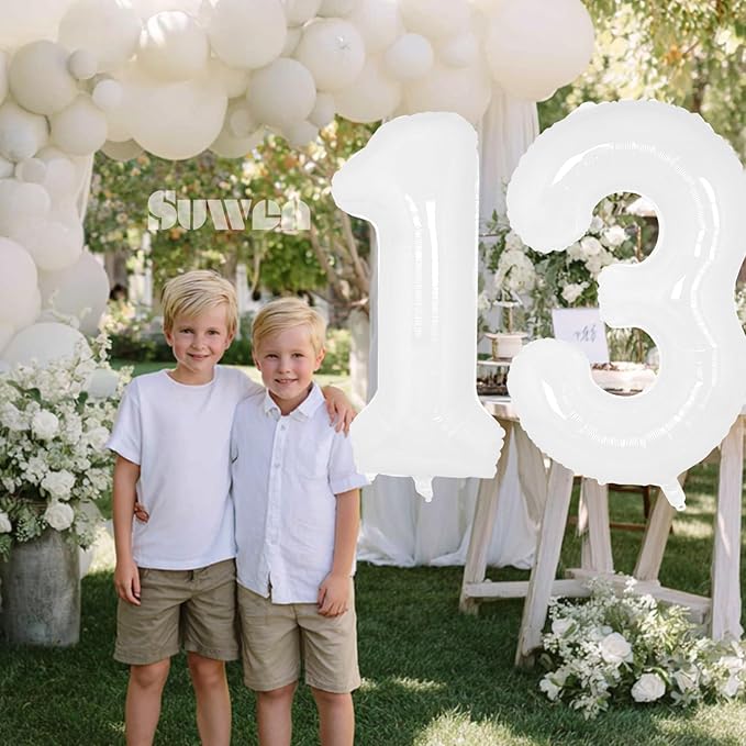 SUWEN 40 Inch White Large 13 Number Balloons Big Foil Helium Number Balloons 0-9 Giant Jumbo Happy 13th Birthday Party Decorations for Boy or Girl Huge Mylar 31 Anniversary Party Supplies