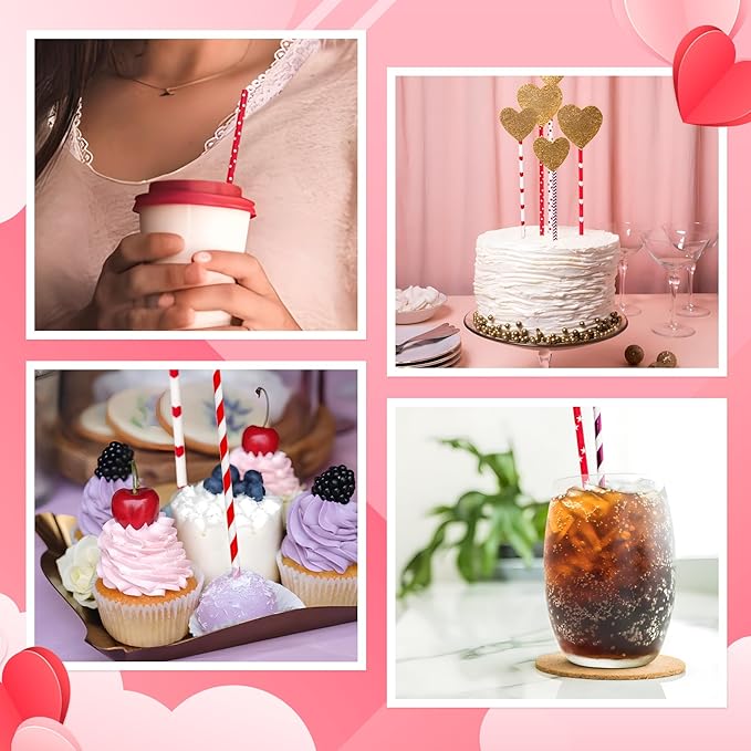 [140 Pack] PakTalk Valentine Straws, 7 Assorted Red and White Straws Red White Striped Dot Wave Star Paper Straws Disposable for Valentines, Wedding, New Year, Christmas, Party (0.24''*8.27'')