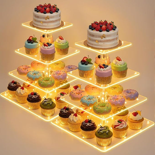 2 Pack 4 Tier Cupcake Stand with LED String Light Acrylic Cupcake Display Stand Clear Dessert Display Holder for Birthday, Wedding, Baby Shower, Party