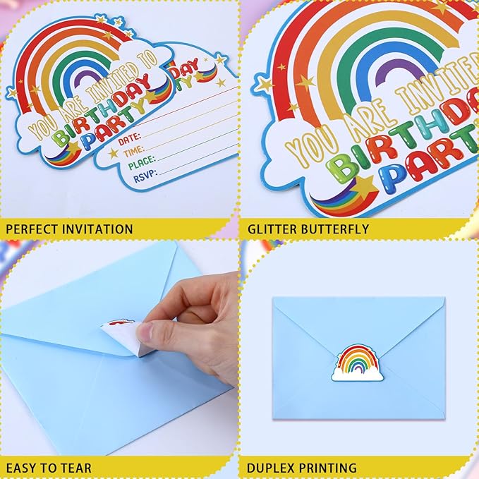 Hotop 24 Sets Rainbow Birthday Invitations with Envelopes and Stickers FOR GIRLS Party Invitations for Kids Birthday Baby Shower Party