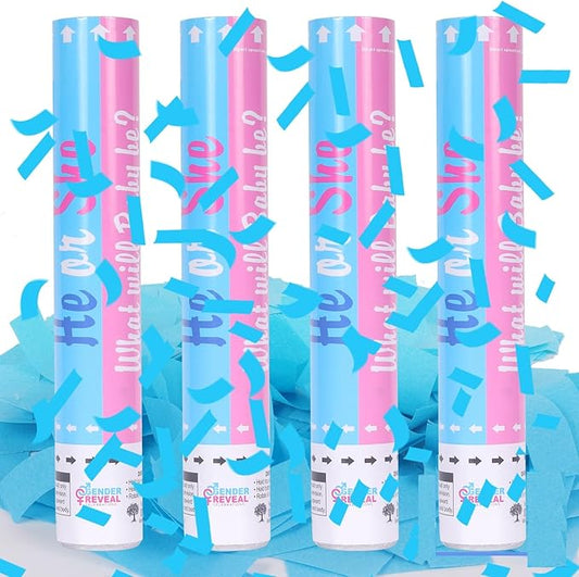 Gender Reveal Confetti Cannons - Set of 4 Blue Party Poppers for Stunning Gender Reveal Announcements, Perfect for Baby Showers and Celebrations(Non-Powder)