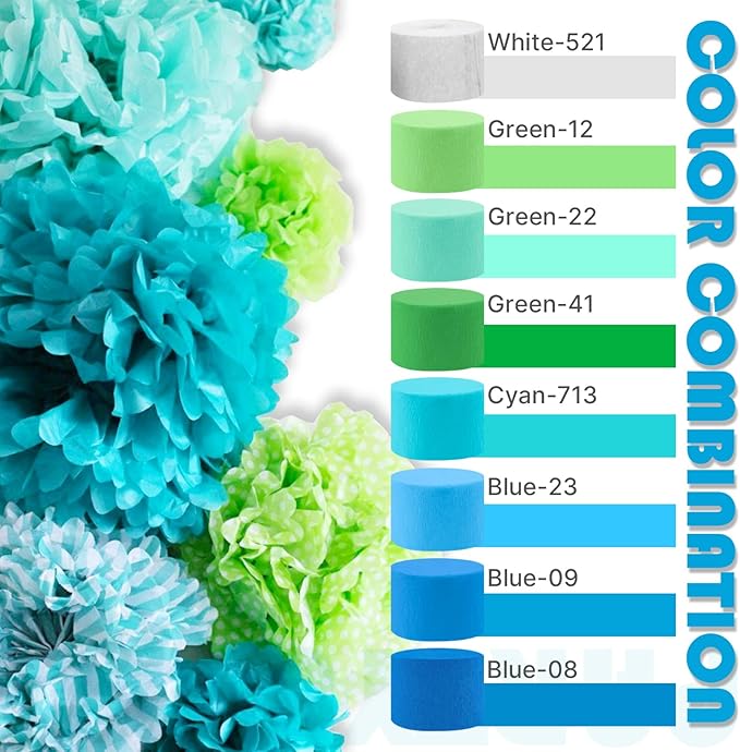 PartyWoo Light Blue Crepe Paper Streamers 8pcs 656ft Pack of Slate Blue Beige White Green Crepe Paper Streamers for Birthday Gender Reveal Baby Shower Mermaid Under The Sea Party Decorations