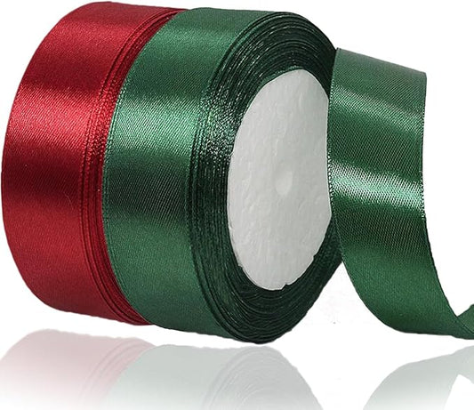 Dark Green Christmas Ribbon, Burgundy Satin Ribbon 1 Inch 50 Yards, Fabric Ribbons for Christmas Party Decorations, Gift Wrapping, Tree Ornaments, Bouquets, Door Wreaths, Bows Making and DIY Crafts
