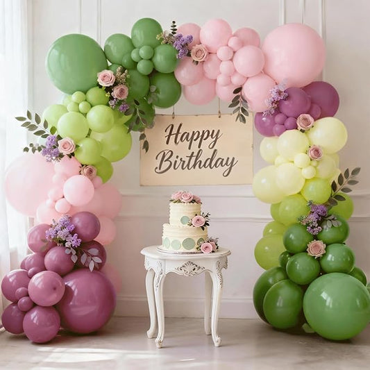Pink Green Purple Balloons Arch Kit，Green And Pink Balloons with Sage Light Olive Green Dusty Pink Lilac Yellow Pastel Balloons for Wedding Birthday Party Fairy Bridal Shower Wildflower Decoration.