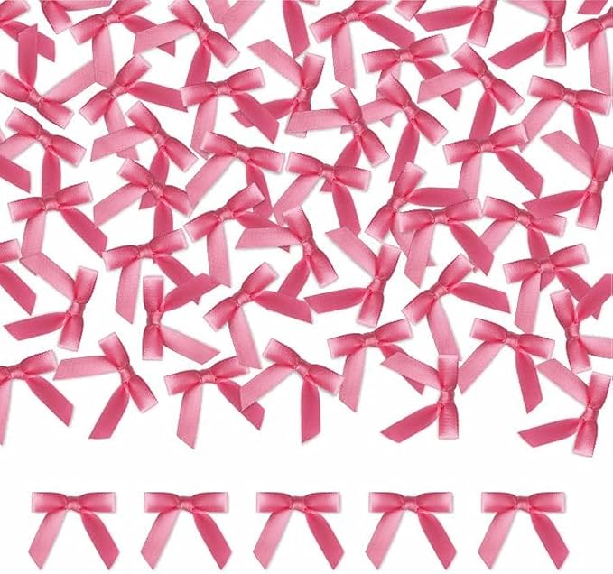Meseey 100 Pcs 1.5 Inches Premade Craft Bows Self Adhesive Hot Pink Satin Ribbon Bows for Treat Bags Gift Wrapping Basket Wedding Baby Shower Brithday Party(Hot Pink)